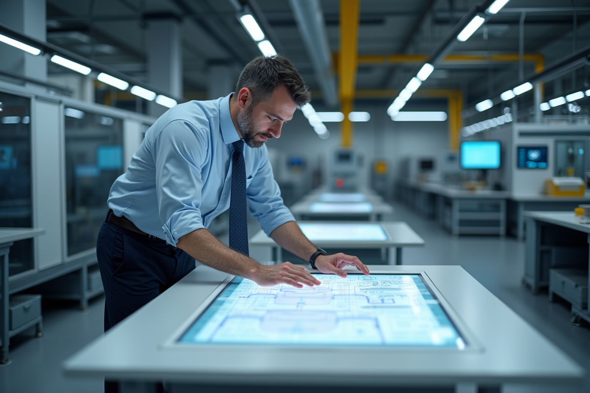 Ingénieur textile examinant un tissu à écran tactile dans un laboratoire