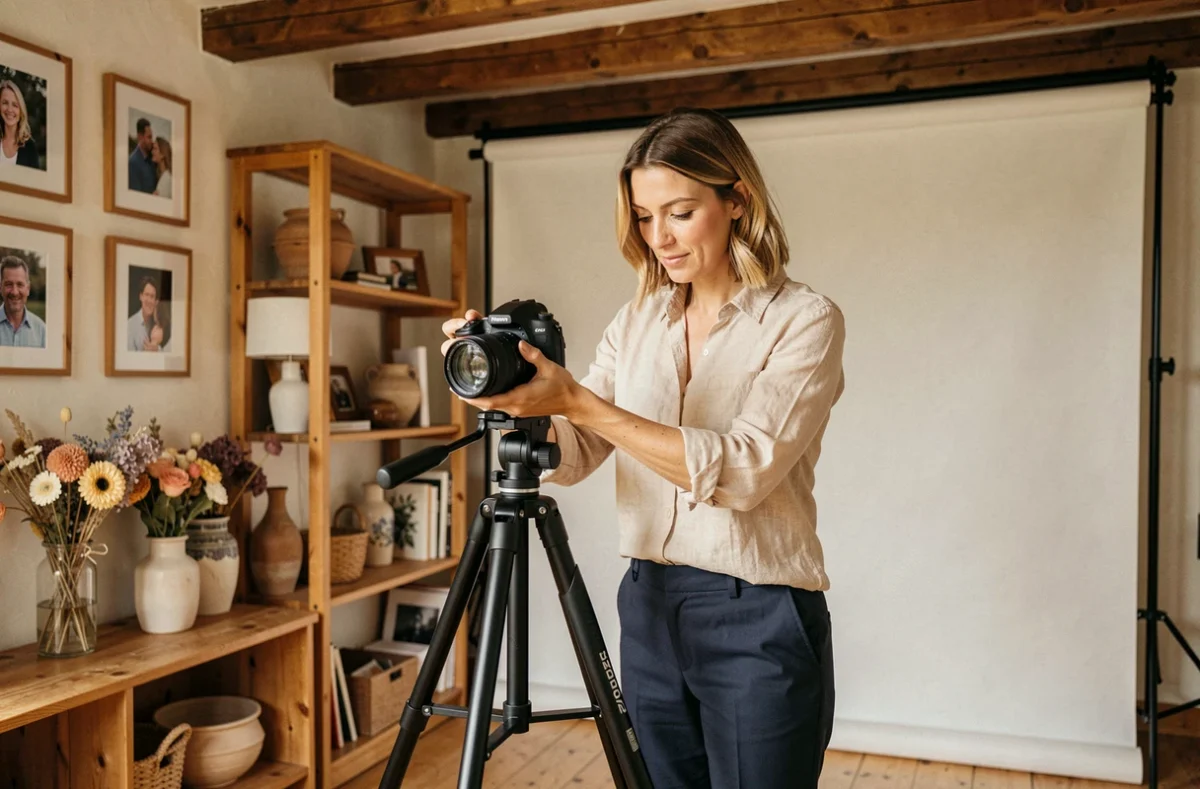 Ingrid, photographe portrait féminine dans son studio à Saint-Martin-lez-Tatinghem, réglant son appareil photo avec soin