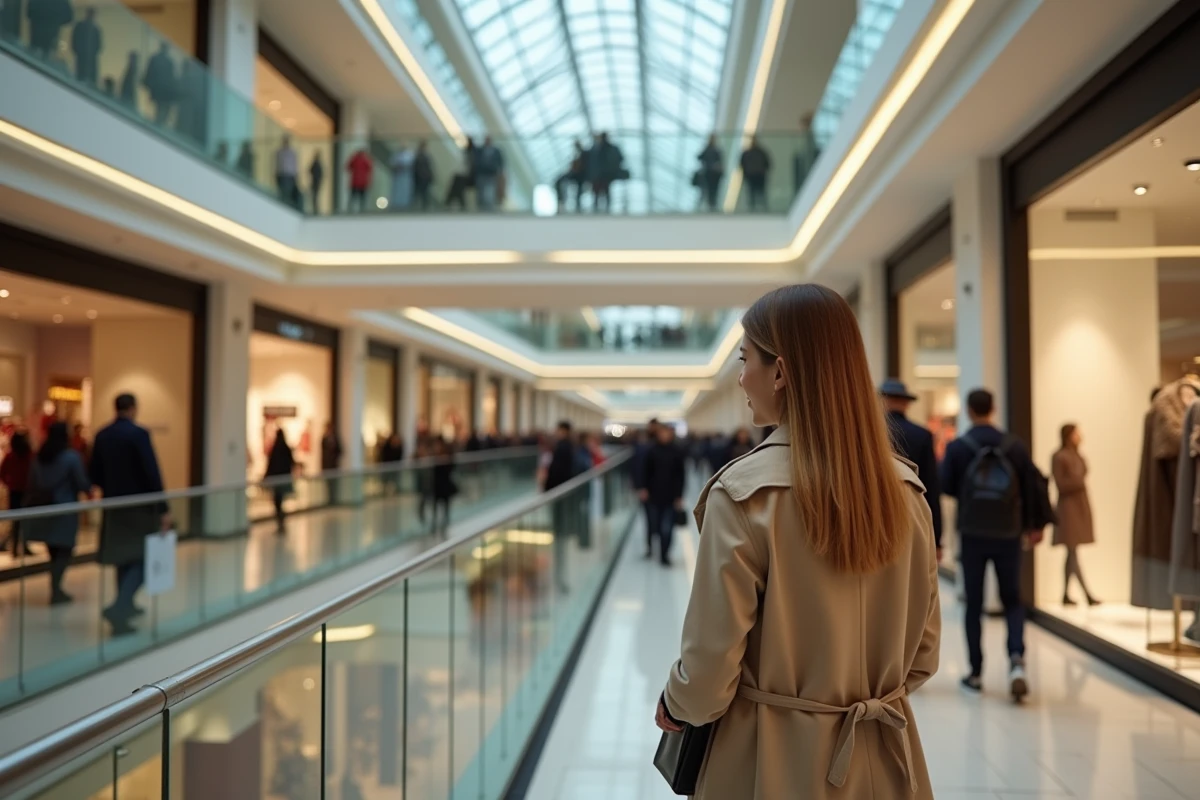 Intérieur de l'atrium du centre commercial tour Montparnasse avec boutiques sur plusieurs niveaux et visiteurs
