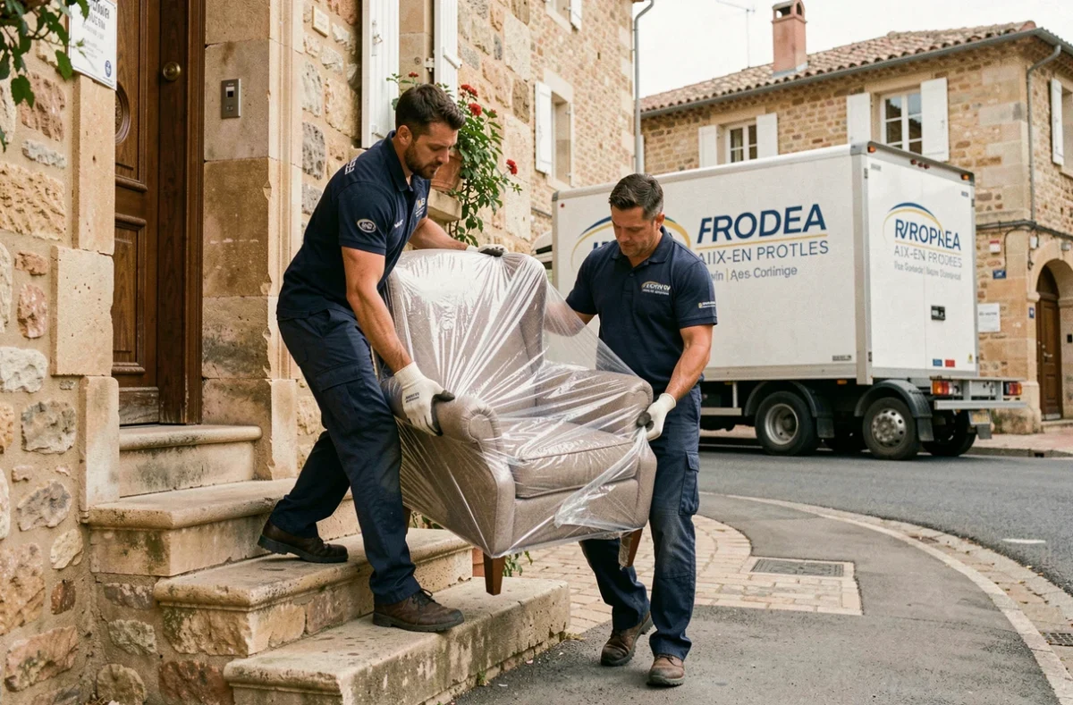 Déménageurs Jarlaud portant un fauteuil emballé hors d'une maison provençale à Aix-en-Provence