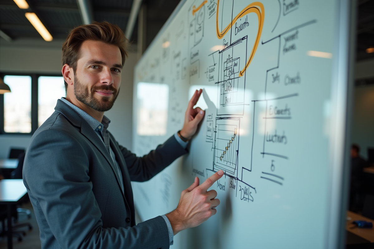 Jeune entrepreneur moderne devant un tableau de circuits et graphiques