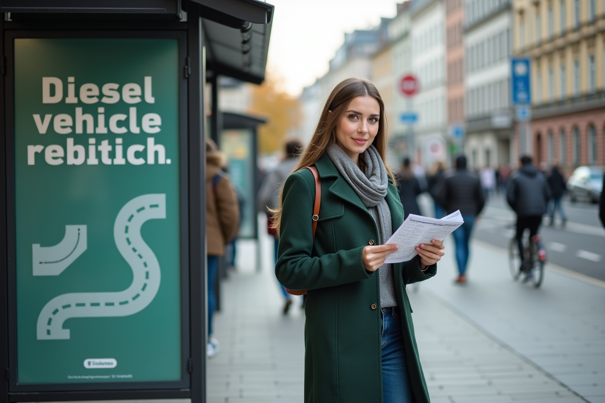 Jeune femme avec plan de transport dans une ville animée