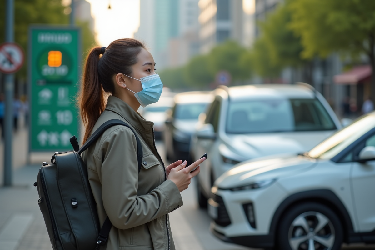 Jeune femme citadine avec masque et smartphone