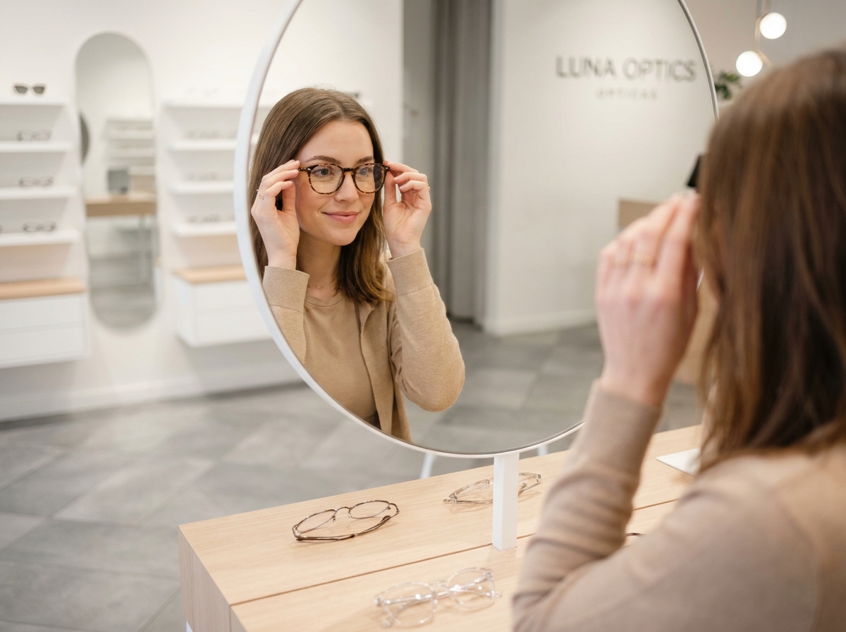 Jeune femme essayant des montures de lunettes devant un miroir dans un magasin d'optique, dans le cadre du dispositif 100% Santé optique