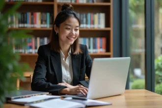 Jeune femme en étude dans une bibliothèque moderne