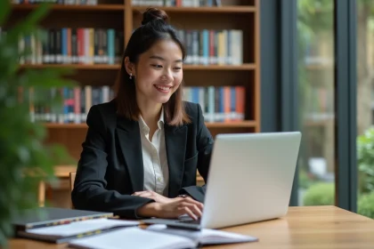 Jeune femme en étude dans une bibliothèque moderne