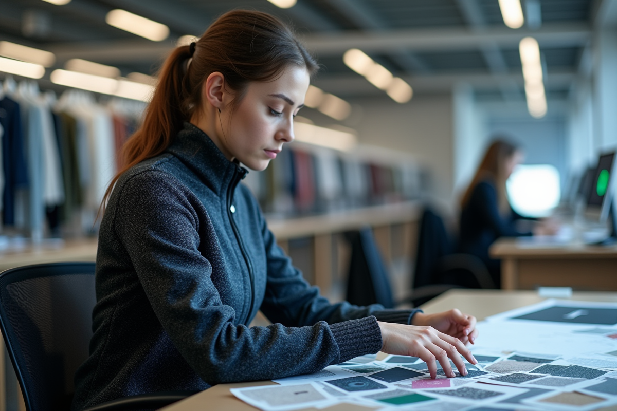 Jeune femme dans un studio de textile innovant avec veste futuriste