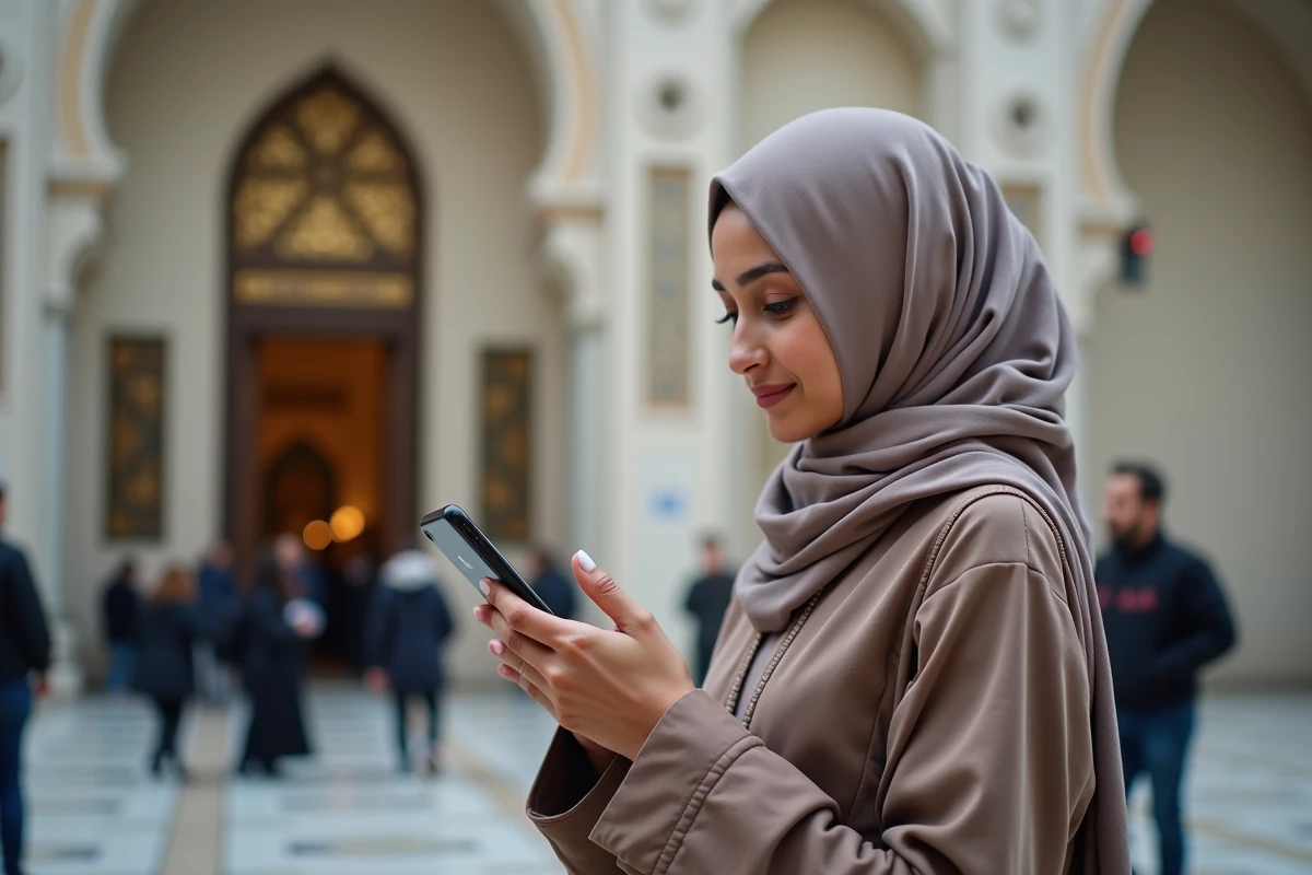 Jeune femme musulmane consulte son smartphone devant la mosquee