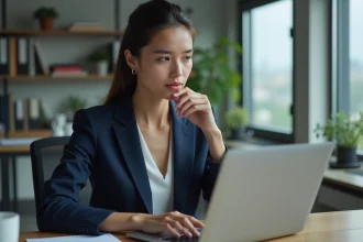 Jeune femme en costume navy travaillant sur son ordinateur dans un bureau