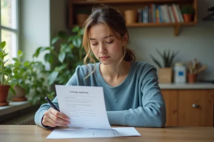 Jeune femme réfléchie lisant un quiz dans une cuisine lumineuse