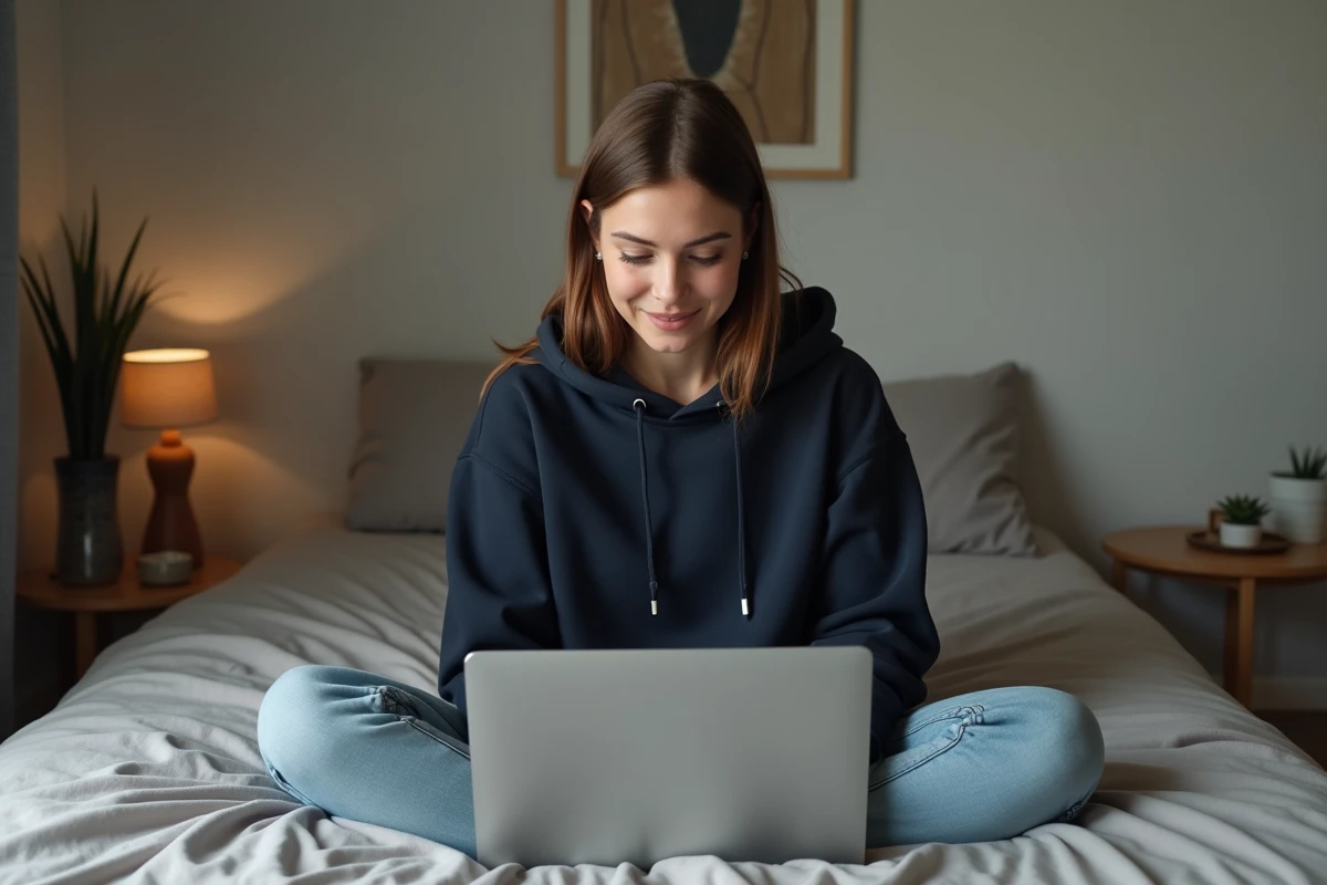 Jeune femme ajustant les paramètres de lecture sur son ordinateur portable depuis sa chambre, représentant la personnalisation du confort visuel sur un lecteur d'articles