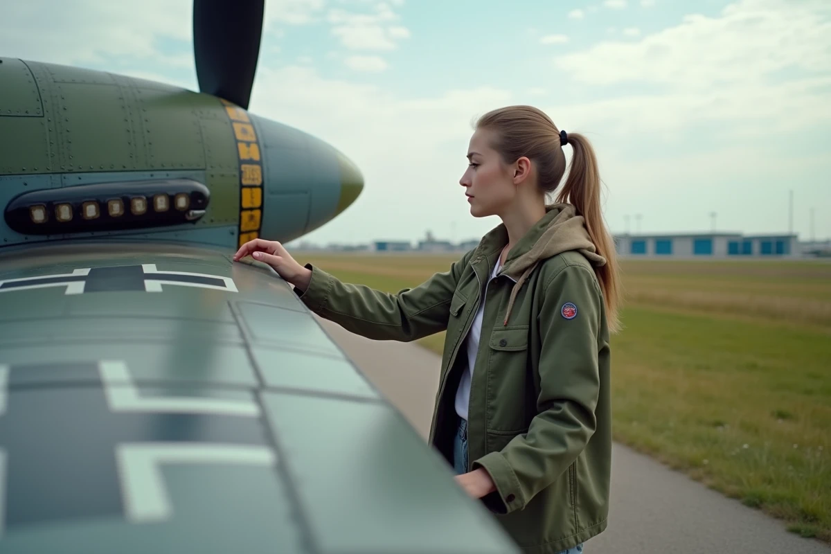 Jeune femme examine une replica bf 109 sur un tarmac