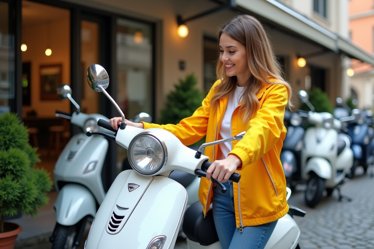 Jeune femme examine scooter devant concession