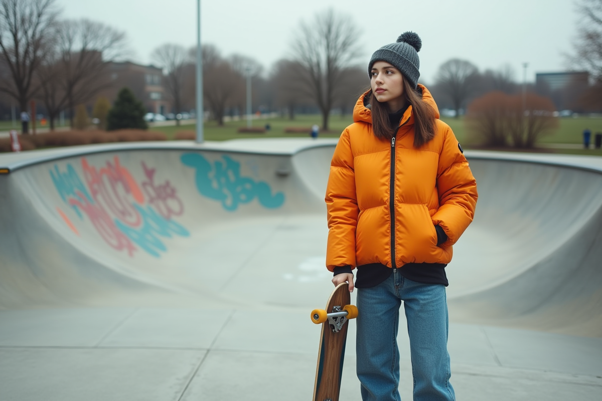 Jeune femme au skatepark portant une doudoune colorée