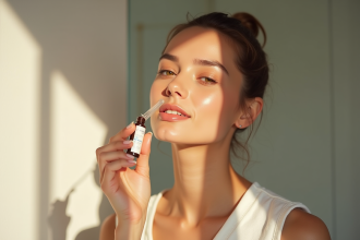 Jeune femme appliquant un serum visage avec dropper