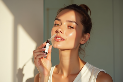 Jeune femme appliquant un serum visage avec dropper