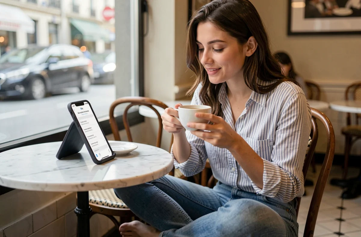 Jeune femme consultant une application de traduction français-anglais dans un café parisien