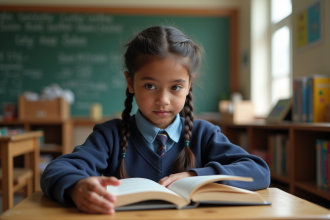Jeune fille en uniforme lisant en classe lumineuse