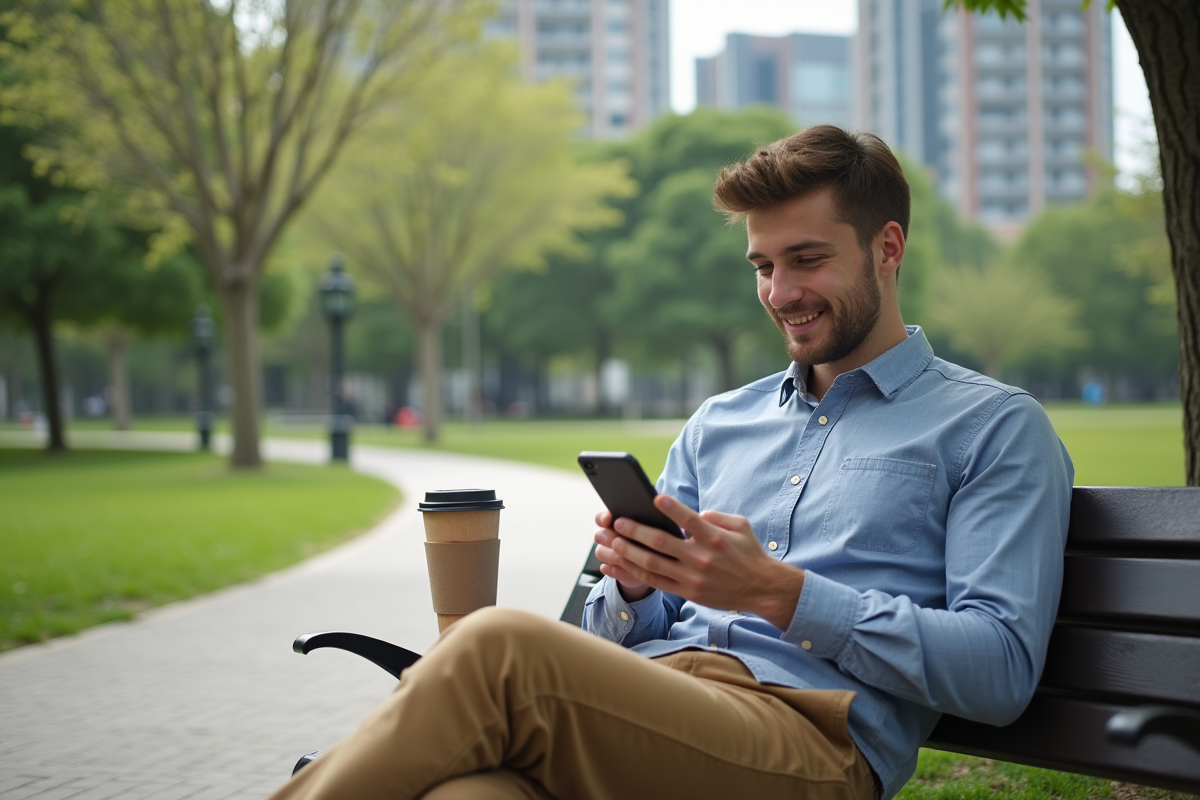 Jeune homme utilisant son smartphone dans un parc