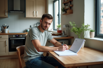 Jeune homme concentré à remplir un budget dans son appartement