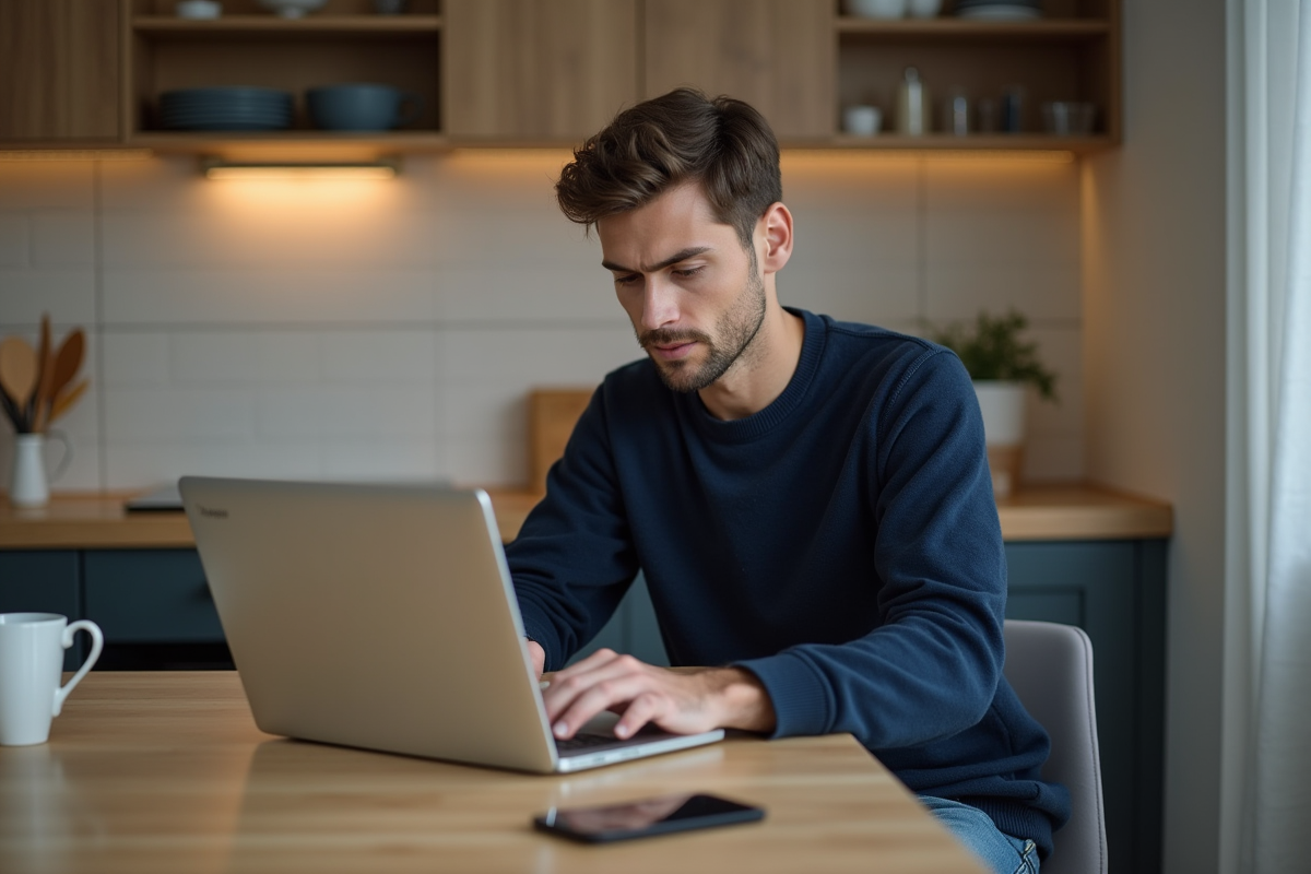 Jeune homme en cuisine travaillant sur son ordinateur portable