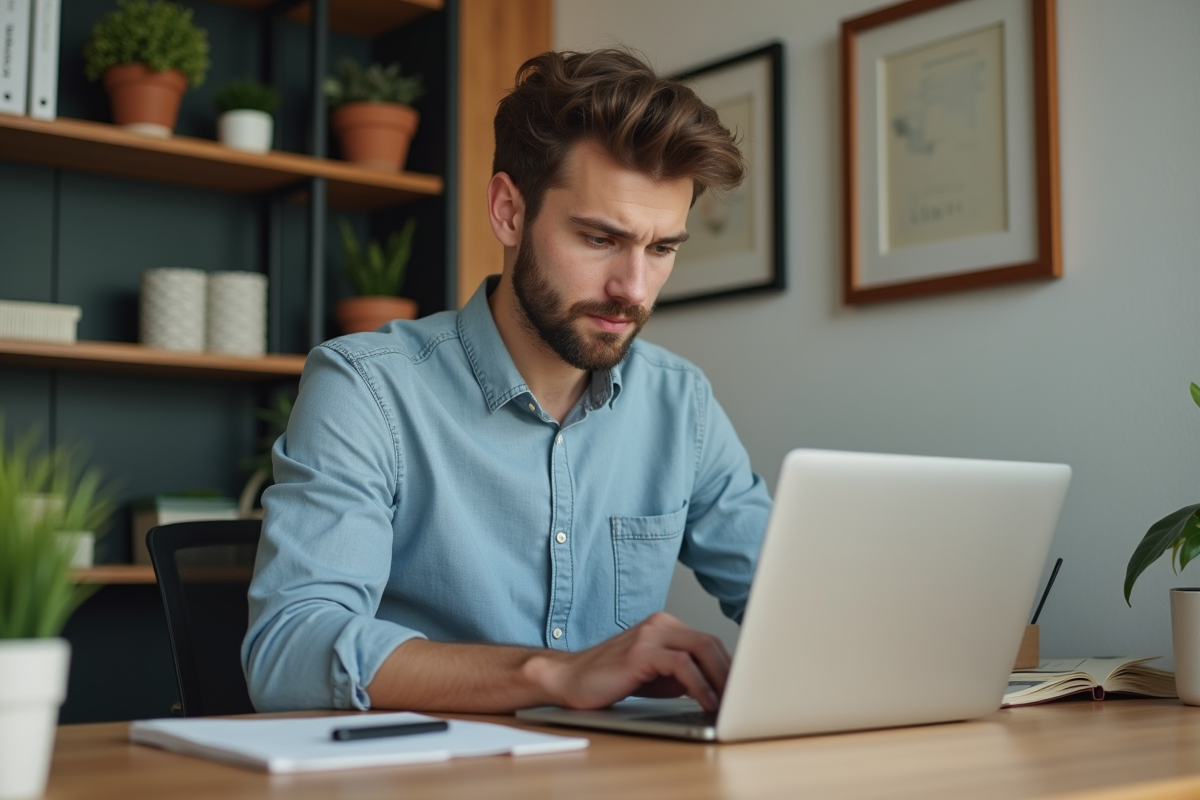 Jeune homme professionnel travaillant sur son ordinateur dans un bureau moderne
