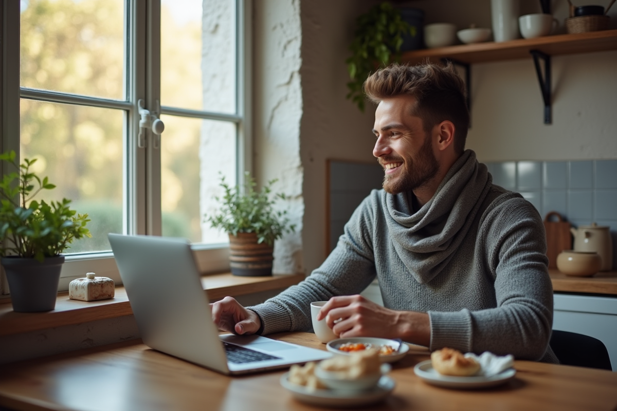 Jeune homme dans sa cuisine regardant des annonces immobilières