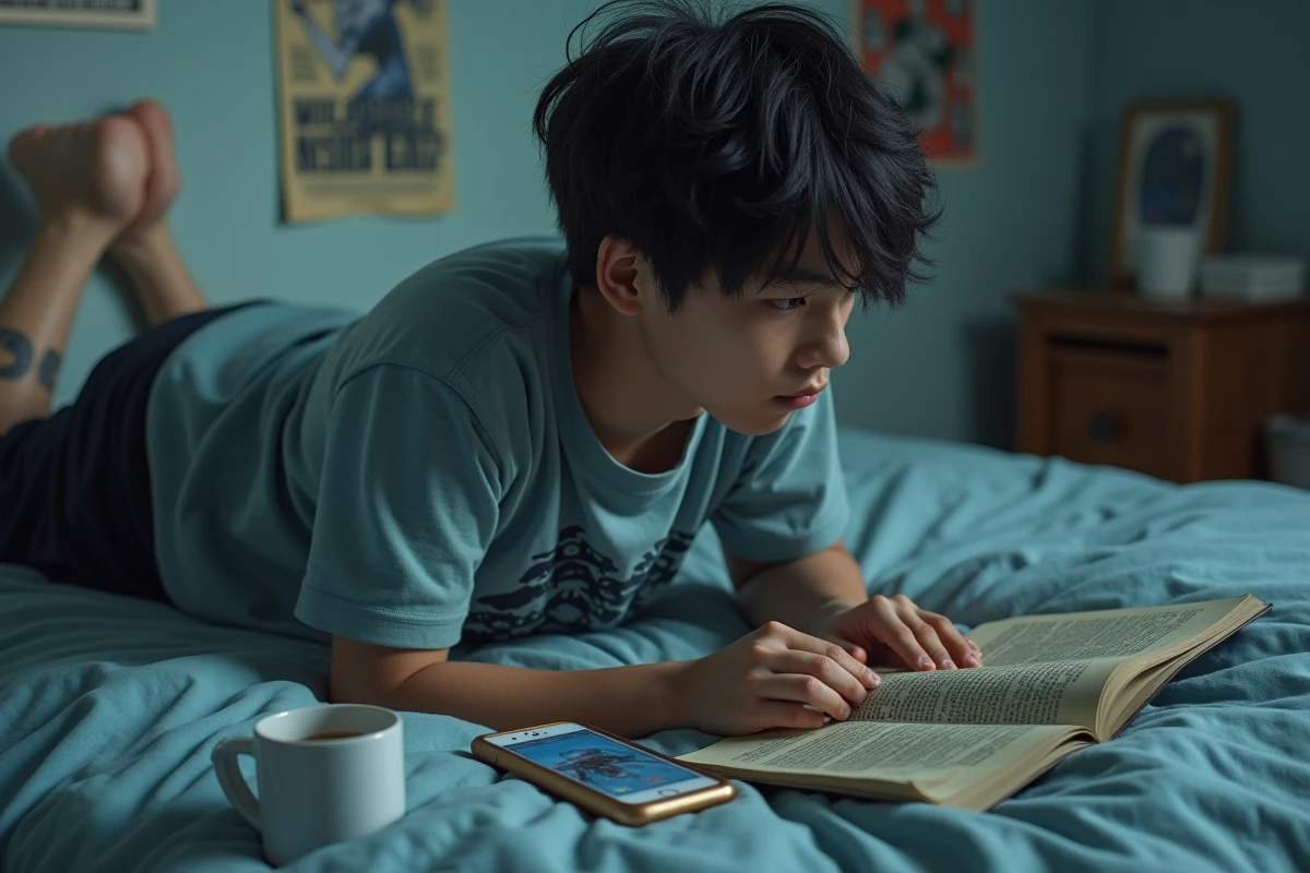 Jeune homme allongé sur son lit absorbé par la lecture d'un manga, entouré d'autres volumes et son téléphone