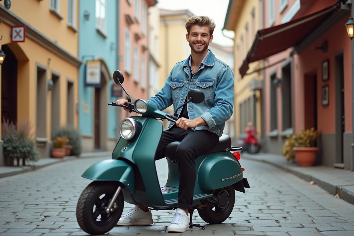 Jeune homme en denim sur minibike vintage en Europe