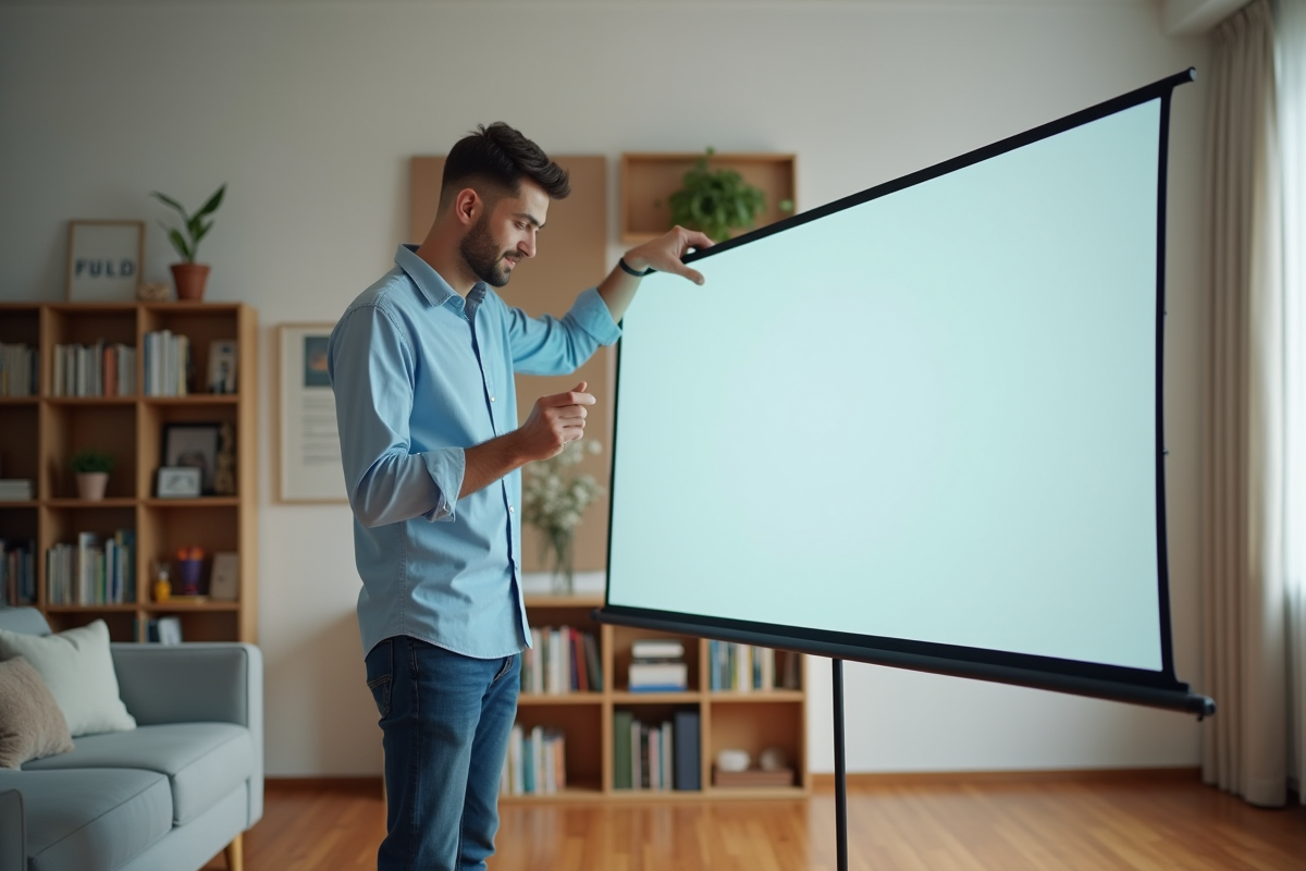 Jeune homme en salon préparant un écran de projection