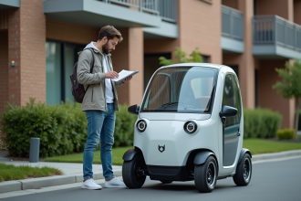 Jeune homme examine un quadricycle urbain devant un immeuble