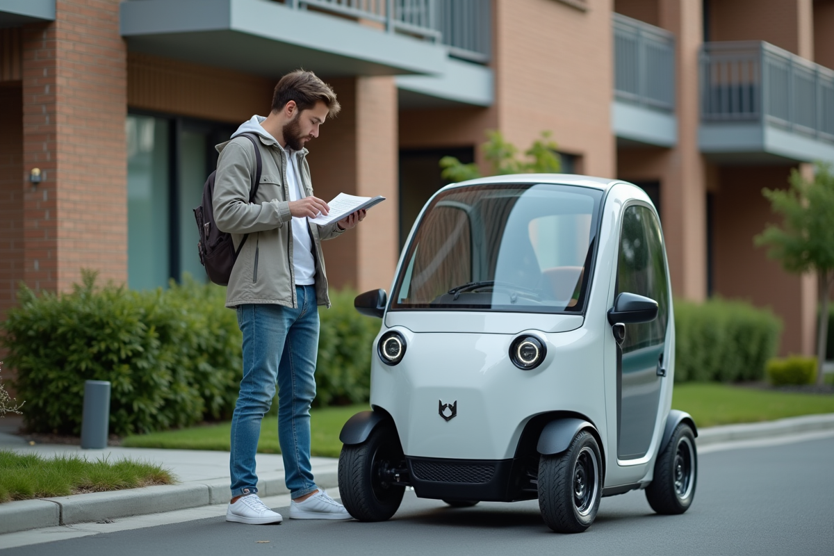 Jeune homme examine un quadricycle urbain devant un immeuble