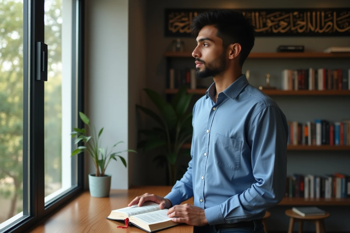 Jeune homme musulman lisant un quoran près d