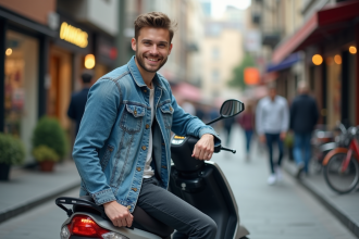 Jeune homme souriant avec scooter en ville