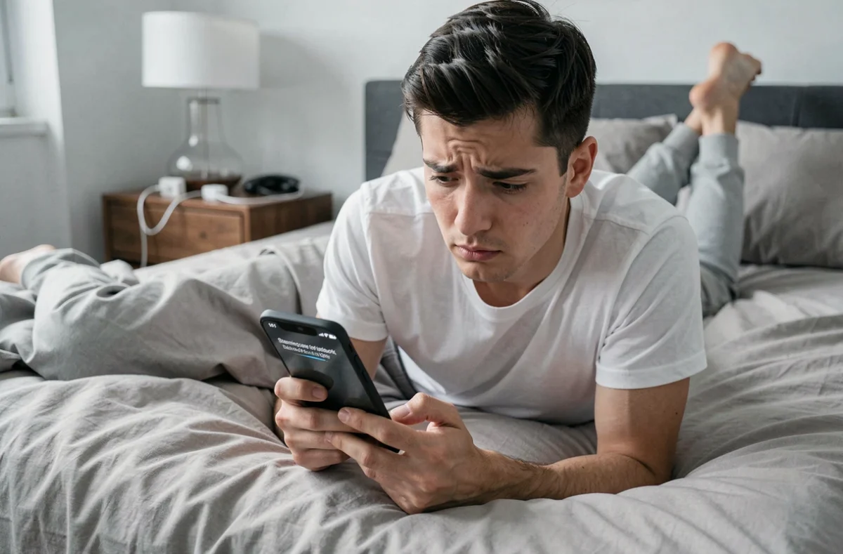 Jeune homme allongé sur son lit consultant son smartphone face à une erreur d'accès à un site de streaming Live TV