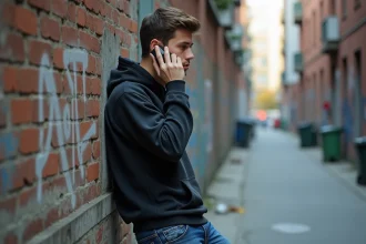 Jeune homme urbain parlant au téléphone dans une rue