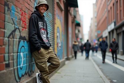 Jeune homme souriant dans la rue urbaine en 2020