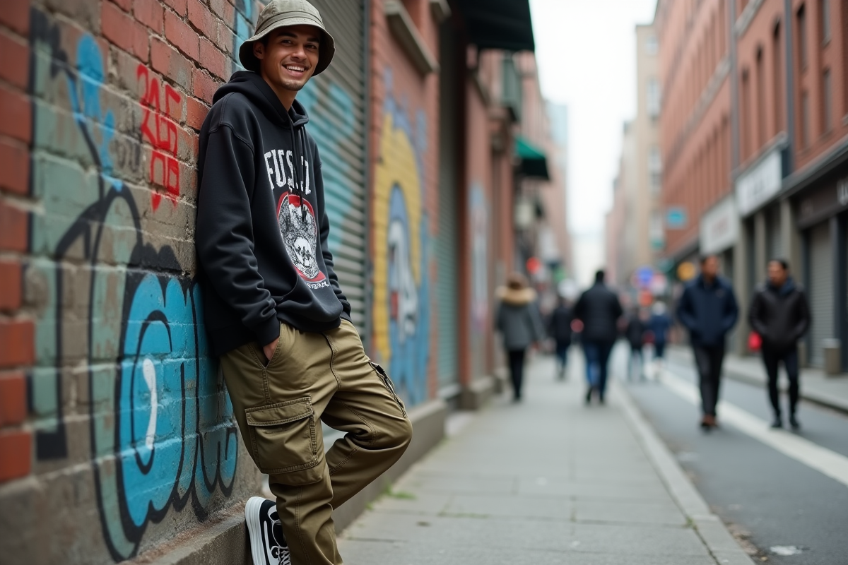 Jeune homme souriant dans la rue urbaine en 2020