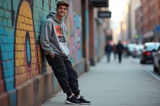 Jeune homme décontracté contre un mur graffité en ville