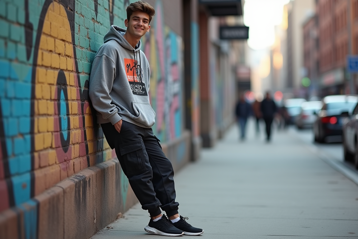 Jeune homme décontracté contre un mur graffité en ville