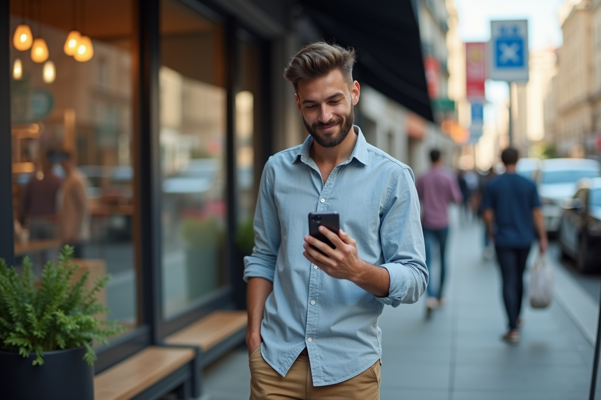 Jeune homme enregistrant une video promotionnelle en ville