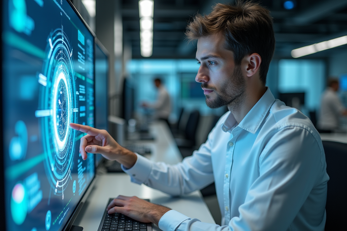 Jeune informaticien français utilisant une interface quantique