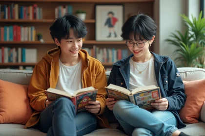 Deux jeunes adultes lisant manga dans un salon cosy
