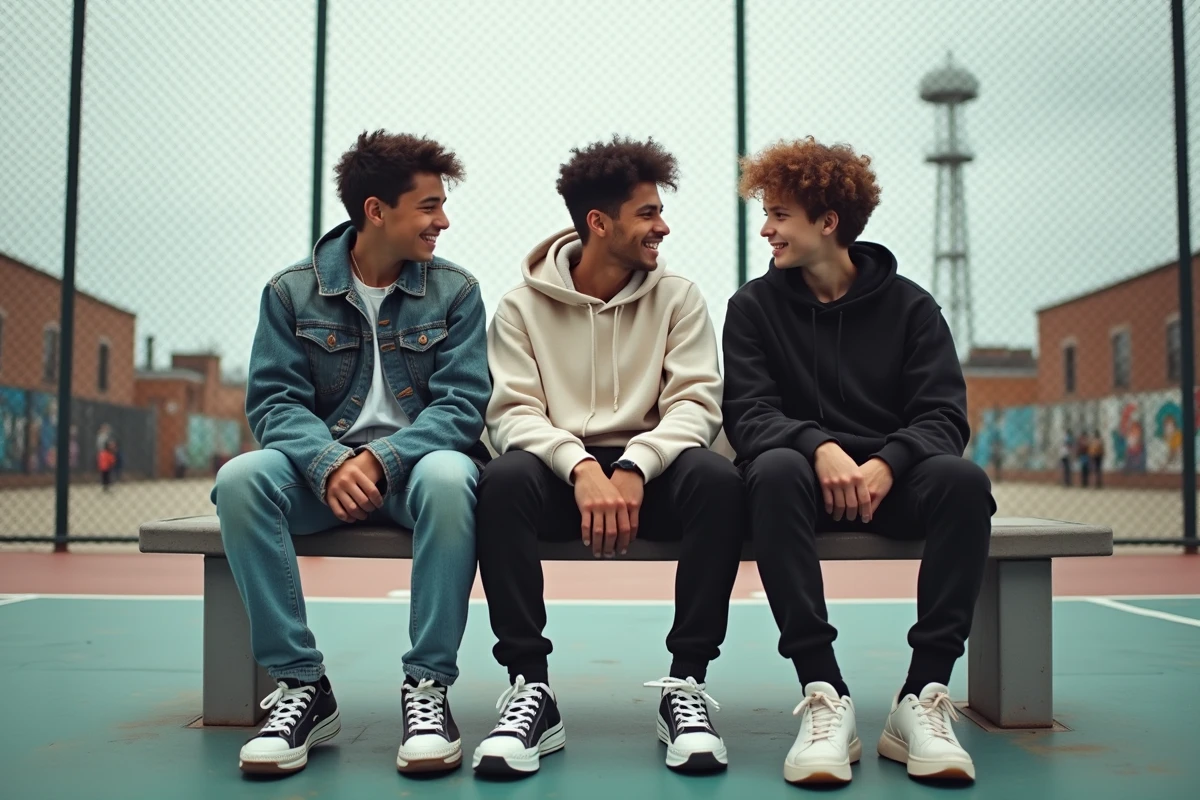 Trois adolescents discutant sur un terrain de basket