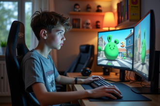 Jeune joueur concentré devant son écran de Dofus 3 avec Pioute