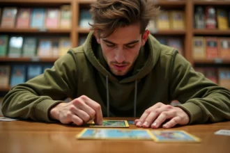 Joueur de Pokémon Pocket posant une carte agressive dès le premier tour sur une table de jeu en bois dans une boutique de cartes