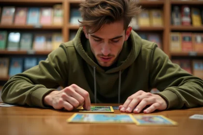 Joueur de Pokémon Pocket posant une carte agressive dès le premier tour sur une table de jeu en bois dans une boutique de cartes