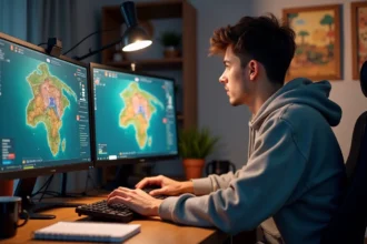 Joueur concentré devant son setup PC gérant une session de farm organisée sur Dofus avec portails et notes de routine