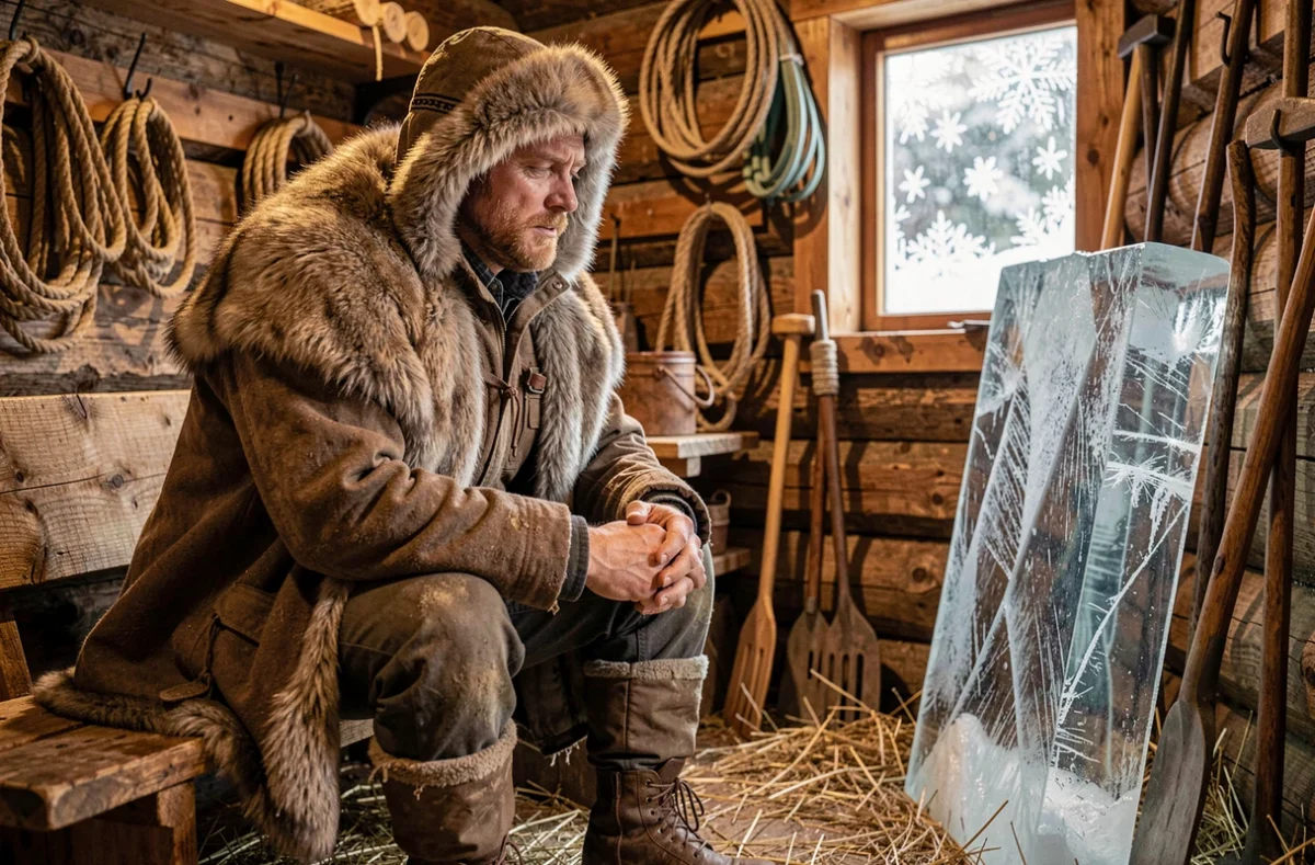 Homme robuste en vêtements nordiques d'hiver assis dans un comptoir de marchand de glace rustique, examinant un bloc de glace transparent, dans l'univers inspiré du personnage Kristoff de La Reine des Neiges