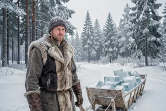 Homme en tenue nordique rustique debout à côté d'un traîneau chargé de blocs de glace dans une forêt enneigée scandinave, illustrant le personnage de Kristoff de La Reine des Neiges